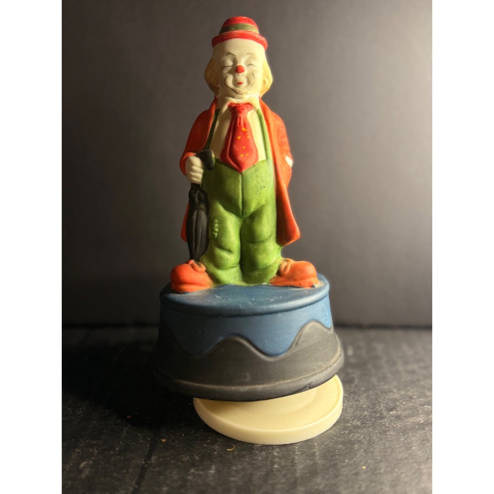 Vintage Rotating Musical Clown Figurine Hand Painted Wind Up Music Box 7"